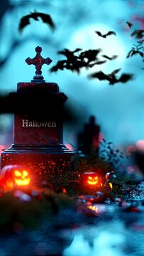 Happy Halloween featuring a spooky graveyard at night. seamless looping time-lapse virtual 4k video animation