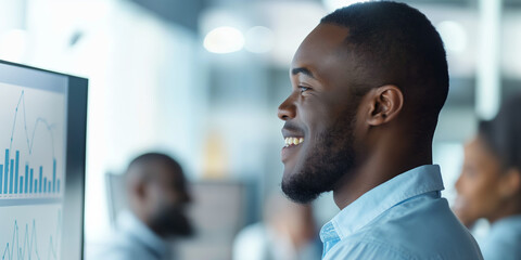 Smiling Professional Analyzing Data on Computer Monitor in Modern Office Setting