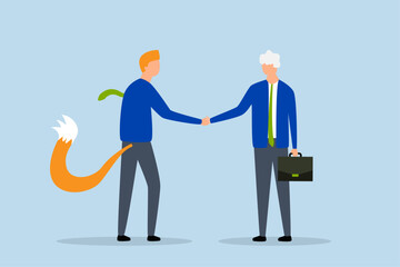 Dishonesty business deal, businessman shakes hands with one as a sacrificial lamb and with other as a hunting wolf.