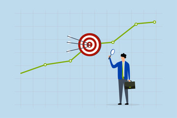 Marketing target audience research, businessman marketer with magnifying glass analyzing chart and graph of customer data.