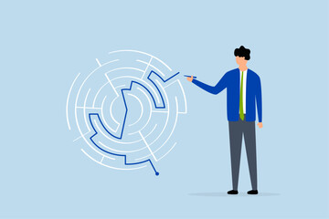 Solution solving business problem, businessman draws line to show solution to a maze problem.