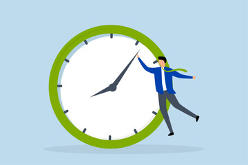 Success time management, businessman celebrates his work with the five minute hand of a stopwatch.