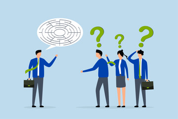 Ramble, frustrated business boss explains a confused labyrinthine speech bubble to team members.