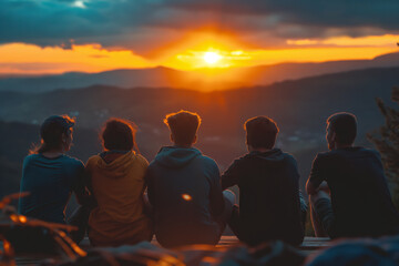 Group of Friends Enjoying a Scenic Sunset View Over Mountains and Hills