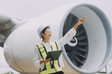 Technician fixing the engine of the airplane,Female aerospace engineering checking aircraft engines,Asian mechanic maintenance inspects plane engine
