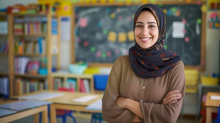 Smiling Arab Female School Teacher in Classroom, Education, Cultural Diversity, Learning Environment