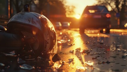 Aftermath of a Motorcycle Accident: Shattered Helmet on Asphalt