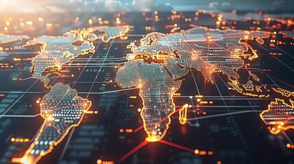 Fototapeta premium Global Network, Digital World Map with Glowing Cities.