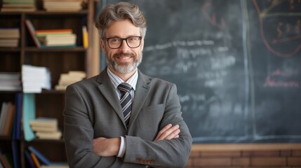 A man in a suit and tie stands in front of a blackboard with crossed arms