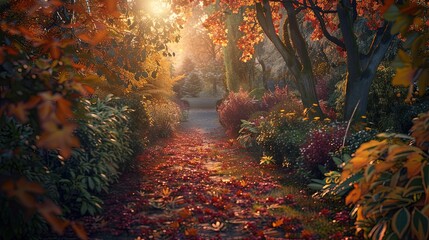 Autumn Garden Fallen Leaf Landscape Painting, Autumn Sunshine, Leaves Falling, Colorful Leaves and Paths Leading to the Distance
