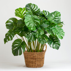 Naklejka premium Lush green Monstera plant in a wicker basket, perfect for indoor decoration and adding a touch of nature to interiors.
