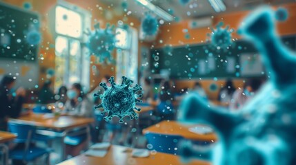 Virus particles floating in classroom with blurred students wearing masks in background for infection and safety concept