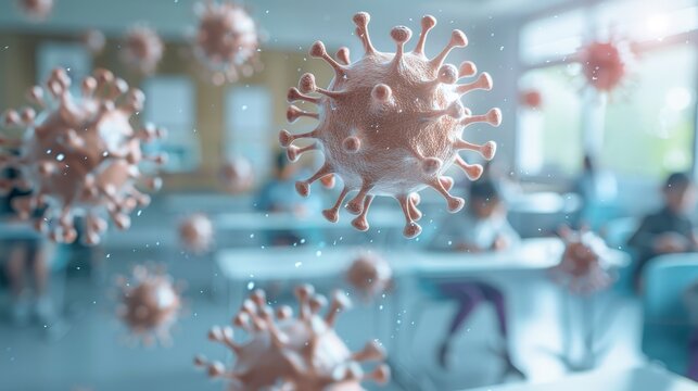 Close-up view of virus particles in a classroom with blurred background of students for pandemic awareness