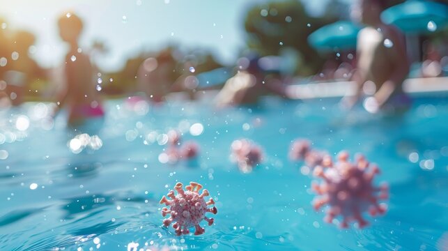 Virus particles floating in swimming pool with blurred children for public health risk concept