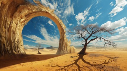 Arched rock formation in desert with lone trees under a blue sky, surreal landscape. Nature and exploration concept