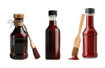 Assorted Bottles of Sauces with Brushes Isolated on Transparent Background