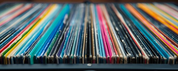 Fototapeta na wymiar Colorful vinyl records arranged neatly, showcasing a vibrant collection of music albums and artwork in a visually striking display.