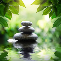 Zen stones pyramid on water surface, green leaves over it 