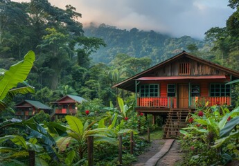 An eco friendly lodge nestled in the lush rainforest of Costa Rica, surrounded by vibrant green foliage