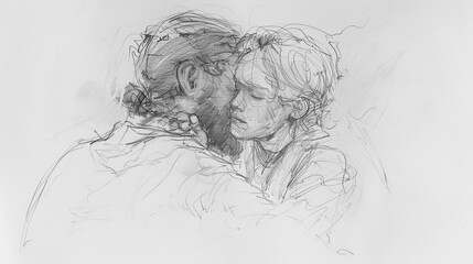 Genesis,Hagar and Ishmael:Minimalist modern sketch of Hagar and Ishmael's strong bond, bold pencil lines on soft beige boho background biblical illustration, perfect for inspirational wall art.