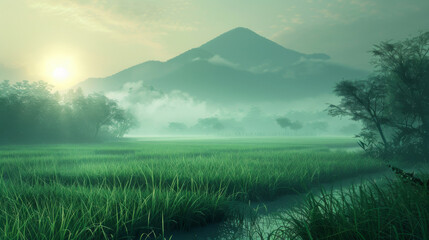 Naklejka premium Peaceful sunrise over misty mountains and lush green fields, creating a serene and tranquil natural landscape.