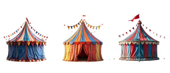 Fototapeta premium Festive Circus Tents With Flags And Decorations Isolated On Transparent Background
