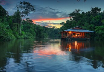 Fototapeta premium A floating eco lodge on a serene river in the Amazon, surrounded by dense tropical vegetation