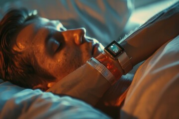 Obraz premium Close-up of a patient using a wearable device to monitor autoimmune disease symptoms, indoor environment, Portrait close-up, hyper-realistic, high detail, photorealistic, natural lighting