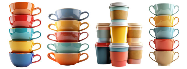 Stack of colorful coffee cups isolated on transparent background