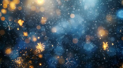 Fototapeta premium Abstract background new year, cheering crowd and blue and gold fireworks and celebrating holiday, copy space
