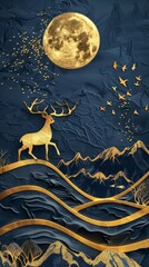 Fototapeta premium Elegant Abstract 3D Modern Art: Deep Blue and Gold Wave Landscape with Mountains, Golden Deer, and Birds. Contemporary Chinese-Inspired Decorative Wallpaper Blending Nature and Luxury in a Mesmerizing