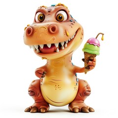 Adorable 3D dinosaur character with ice cream on white background, cartoon style, bright colors, standing pose, high-resolution, smiling face