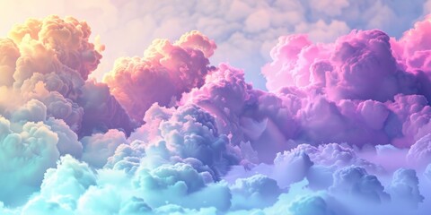 Fototapeta premium Vibrant 3D Abstract Fantasy Sky: Colorful Neon Clouds Isolated on White Background. Surreal Weather Phenomenon Rendered in Photorealistic Detail. Dreamlike AI-Generated 4K Wallpaper Showcasing Imagina