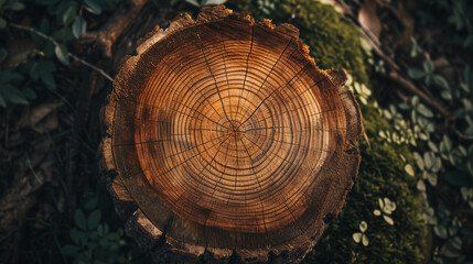 Tree stump with visible growth rings in forest, close-up. Nature and ecology concept
