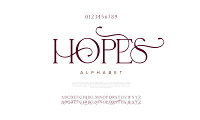 Hopes swash luxury elegant alphabet letters and numbers. Vintage wedding typography classic serif font decorative vintage retro. creative vector illustration