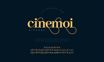 Cinemoi swash luxury elegant alphabet letters and numbers. Vintage wedding typography classic serif font decorative vintage retro. creative vector illustration