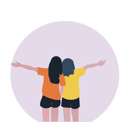 vector illustration image of two happy girls with outstretched arms. friendship