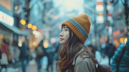 Obraz premium Young woman in yellow winter hat exploring a bustling city street, capturing a moment of urban life in winter.