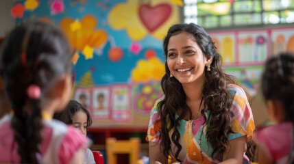 A smiling female teacher interacting with young children in a colorful classroom setting, fostering a positive learning environment.