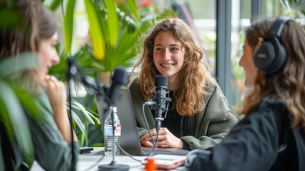 A young woman podcasting with two friends, surrounded by plants, creating an engaging and lively recording atmosphere.