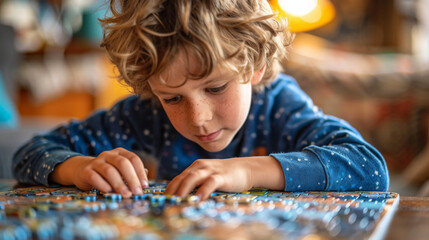 Young boy concentrating on completing a puzzle at home, illustrating childhood focus and cognitive development.