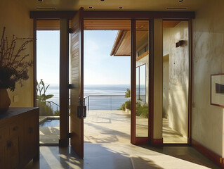 Obraz premium Coastal Serenity: Entering a Balcony via a Pivoting Wood Door
