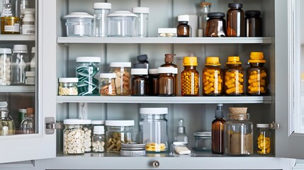 Organized Medicine Cabinet with Various Bottles and Jars