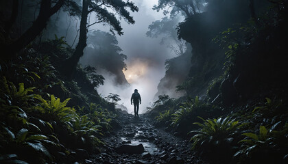 Obraz premium Cloud Forest Unknowns in Rainy Winter: The Pathfinder's Odyssey Engulfed in Landslide