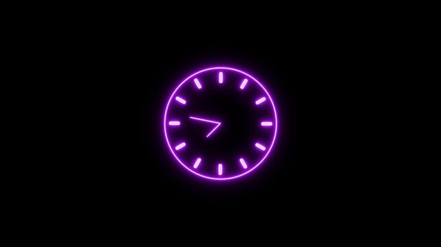 clock icon neon glowing magenta color animation. black background 24 hour fast  digital clock.