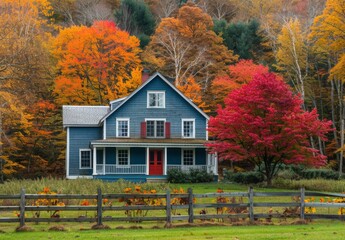 A quaint New England farmhouse with a backdrop of colorful fall foliage