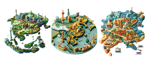 Fantasy city maps isolated on transparent background