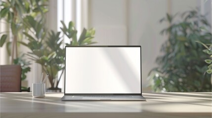 Fototapeta premium laptop on minimalist study table with blank screen for mock up.