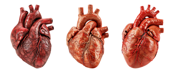 Human heart models showing detailed anatomy isolated on transparent background