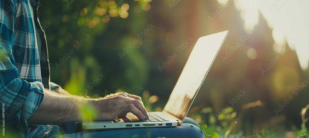 Fototapete close-up of a modern farmer working on a laptop computer with a blurred rural background. copy space